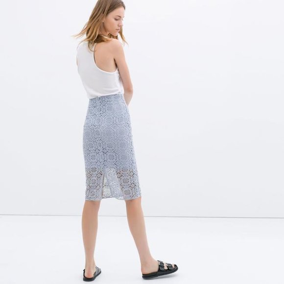 Zara Women High Waist Midi Length Skirt Blue Cotton Lace Pencil Skirt, Small - Picture 12 of 13